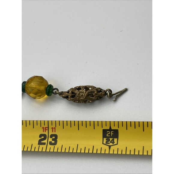 Vintage Glass Bead Filigree 24”Necklace Push Clasp Yellow Green Gold Tone - Picture 5 of 5